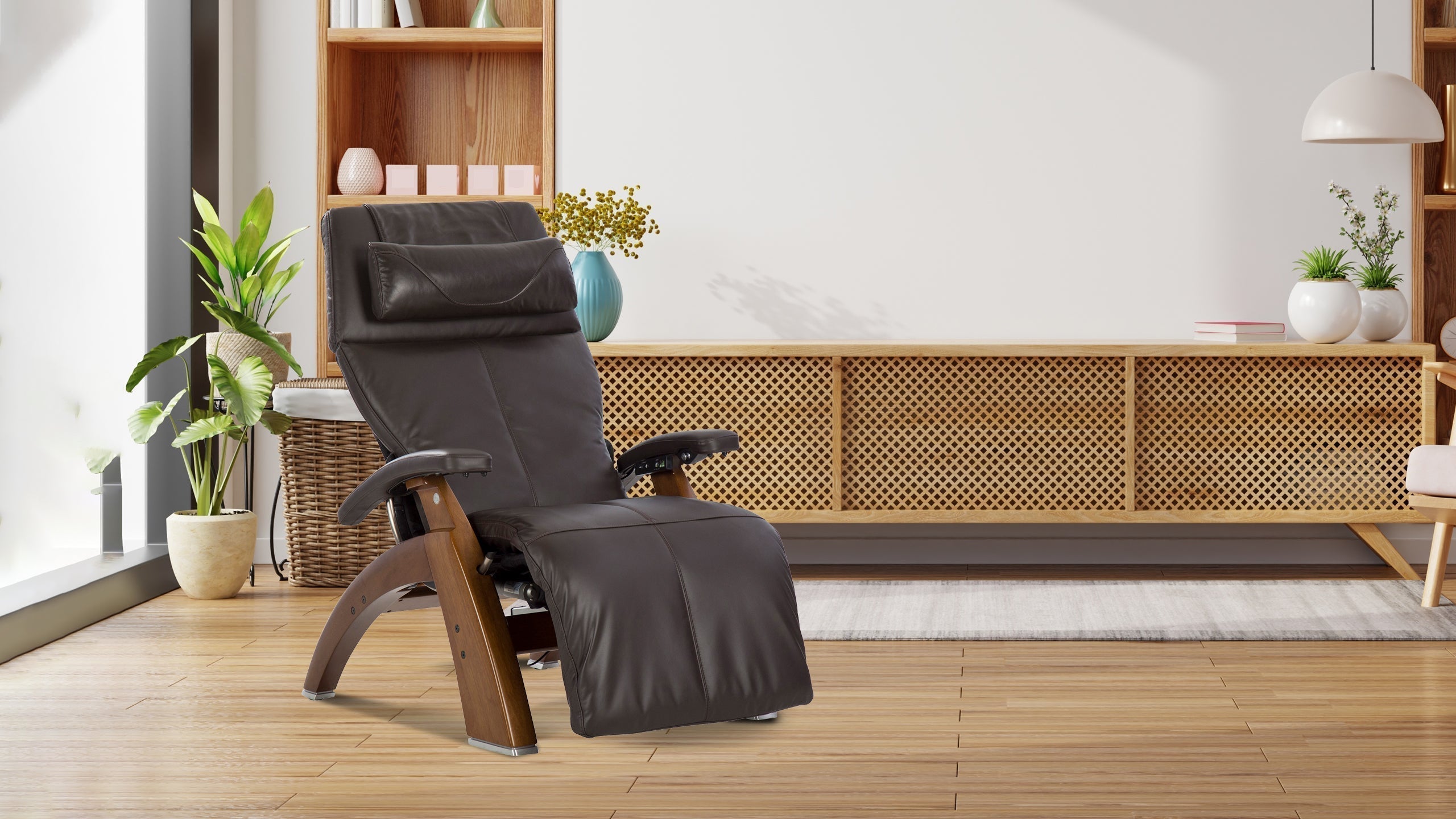 Dark brown leather zero gravity recliner with walnut wood curved frame and headrest cushion