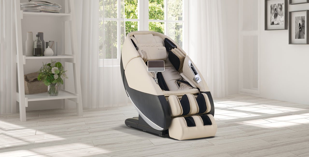 White and black massage chair in a bright modern room with large windows