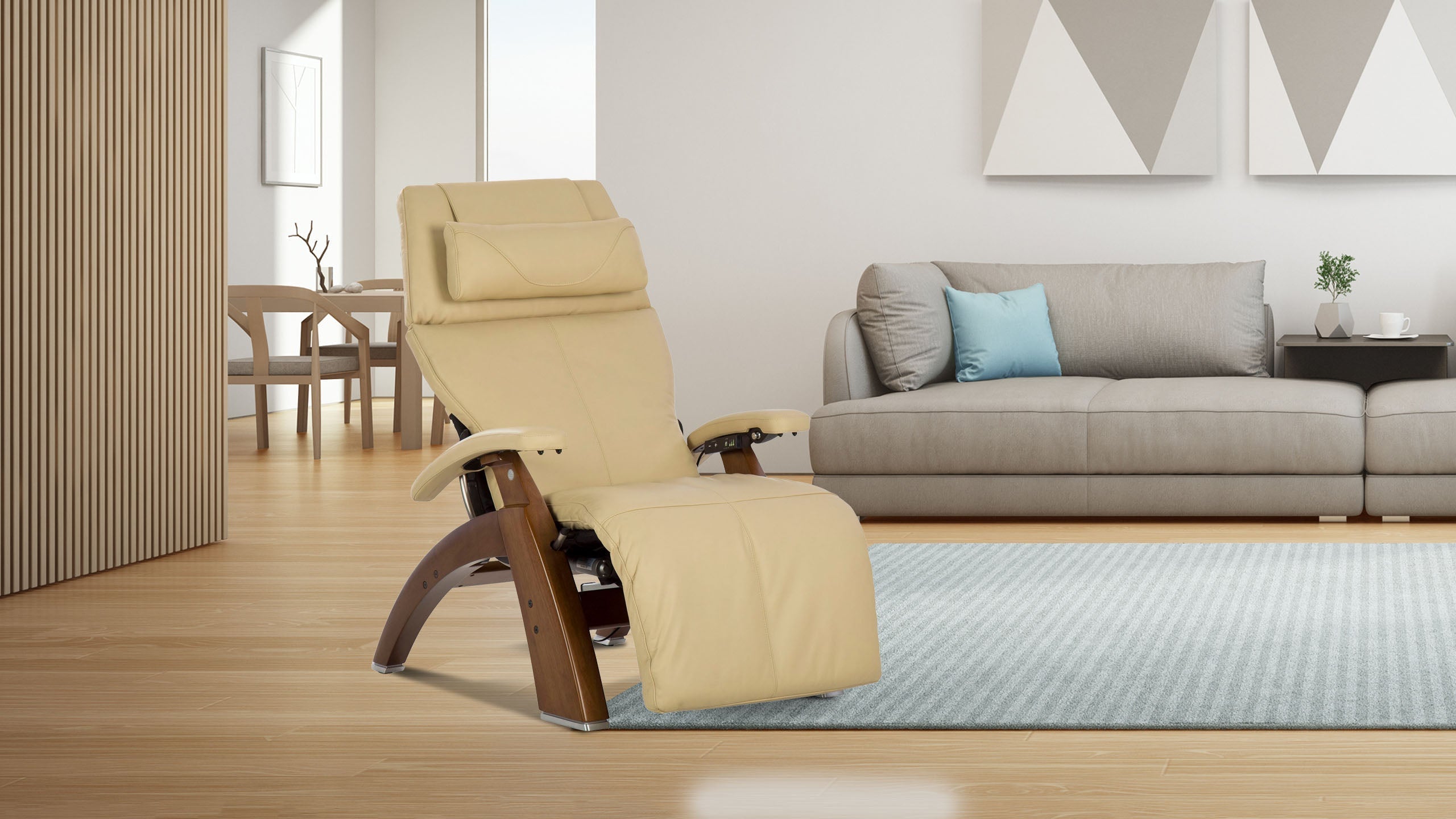 Cream leather zero gravity recliner chair with walnut wood base in bright modern living room