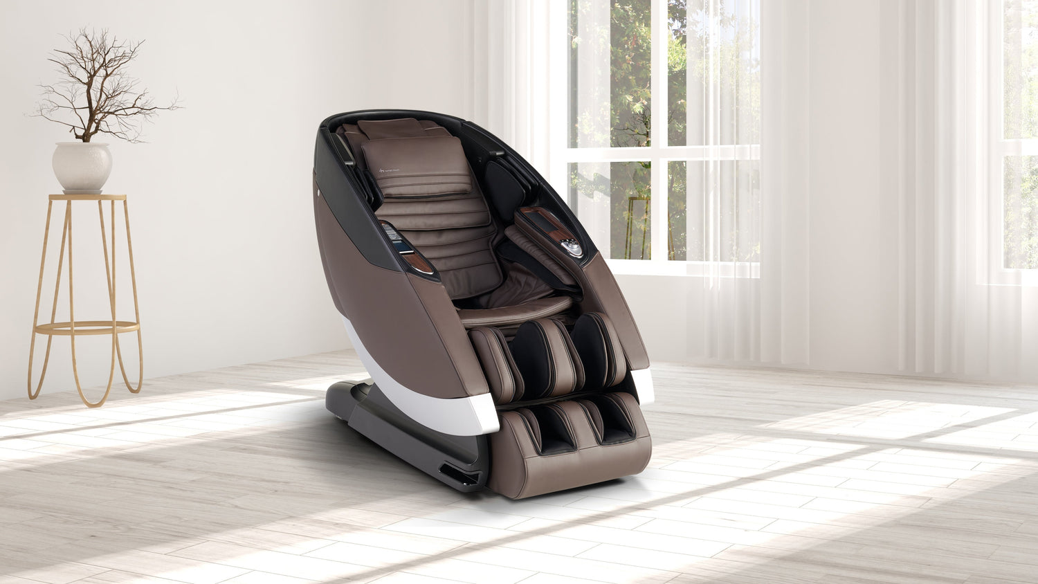Brown and black luxury full body massage chair with touchscreen panel, calf foot rollers and chrome base in bright white room