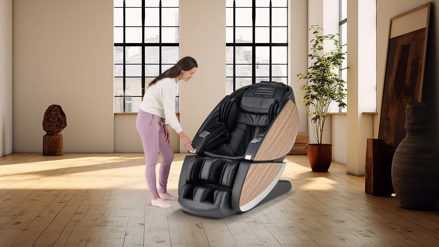 Woman using a luxury full-body massage chair with wood panel design in a modern living room setting