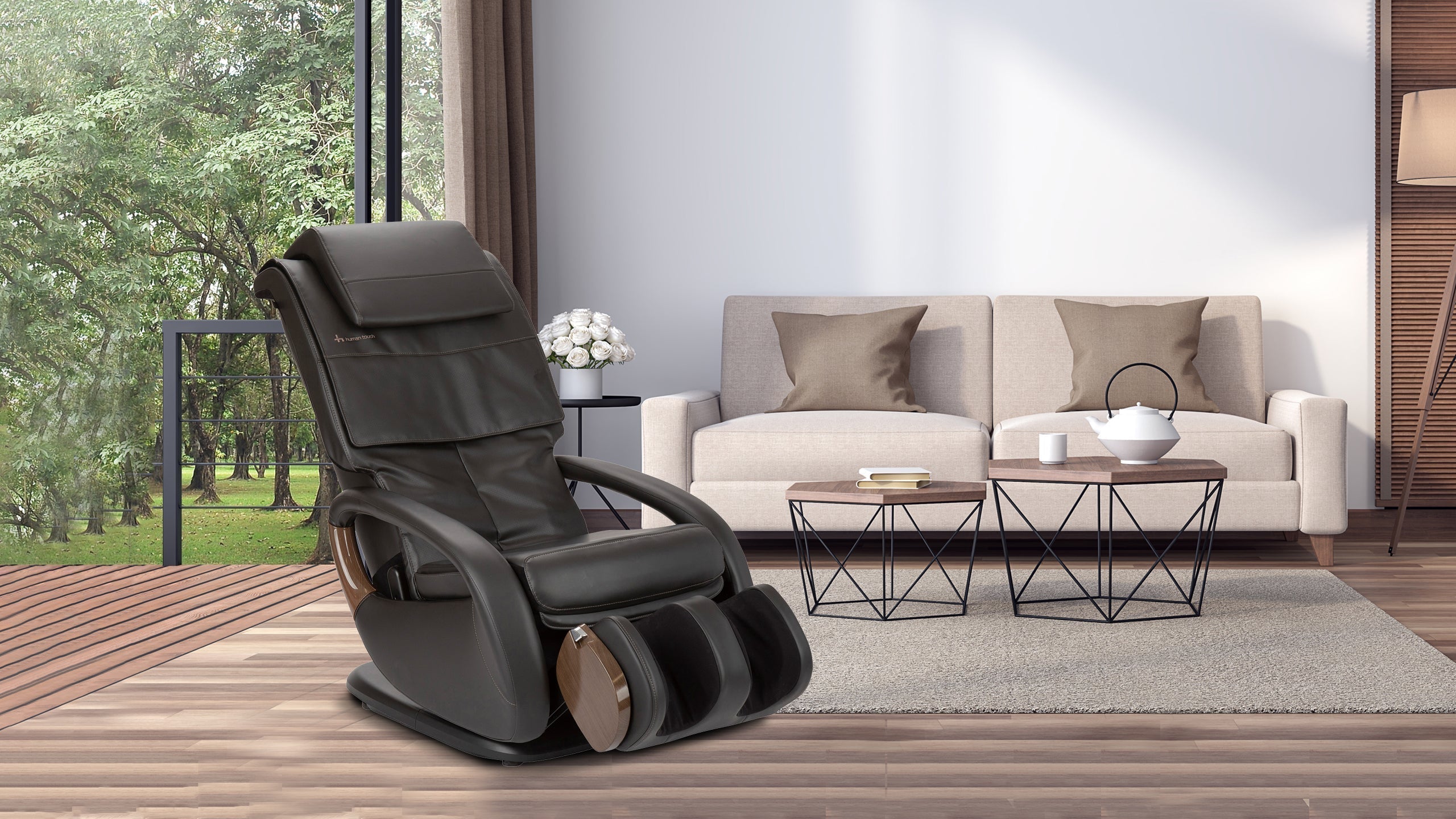 Dark brown leather massage recliner chair with wood trim calf massager in modern living room
