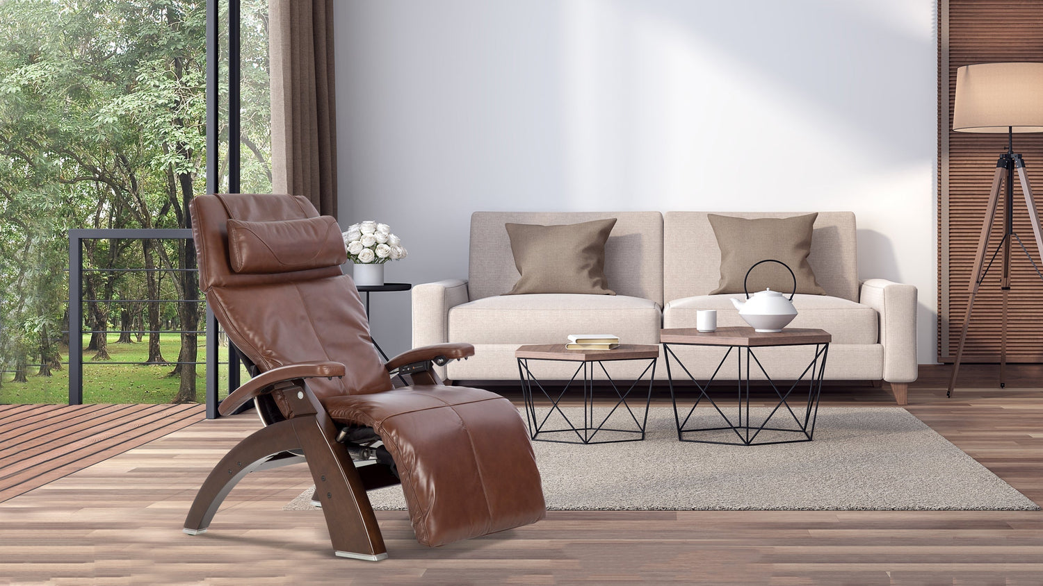 Brown leather zero gravity recliner with walnut wood frame and headrest