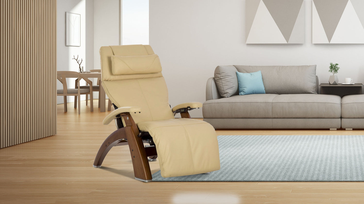Beige leather zero gravity recliner chair with walnut wood curved frame and headrest cushion in modern living room