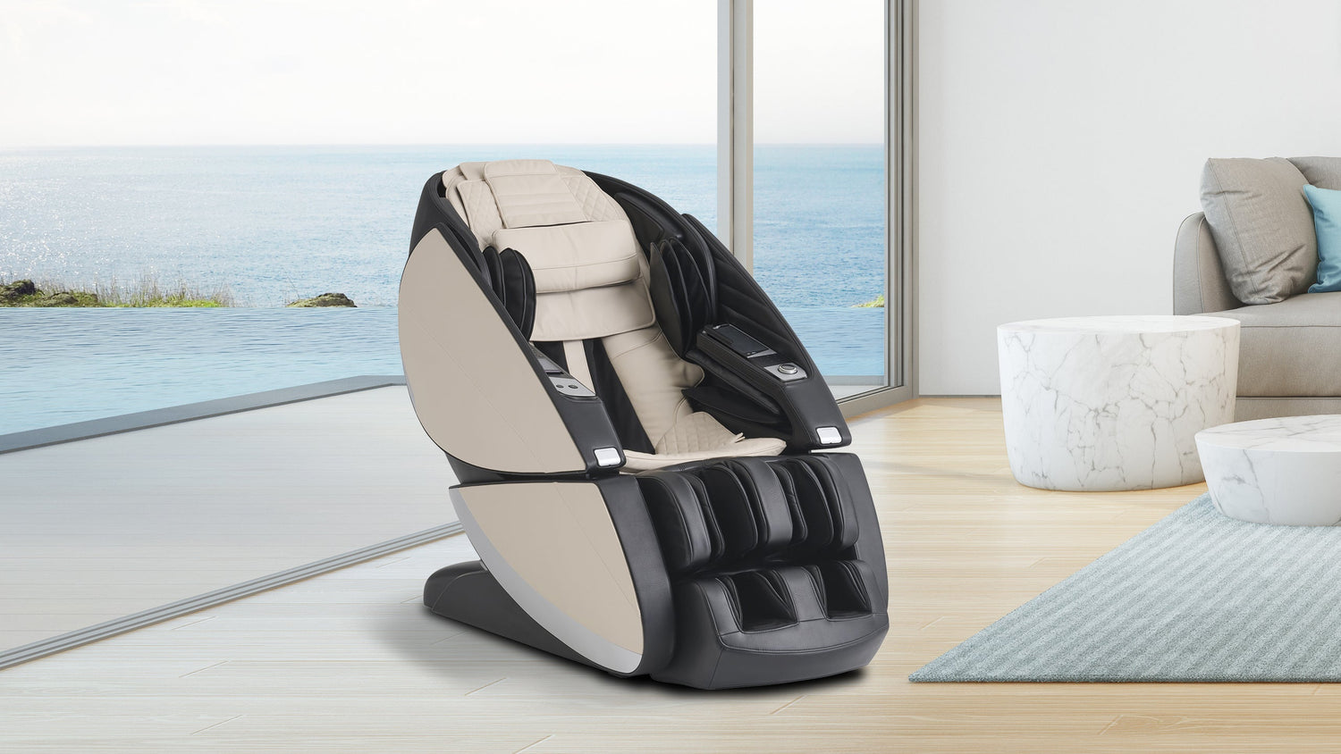 Beige and black full body massage chair with foot rollers and control panel in modern living room with ocean view