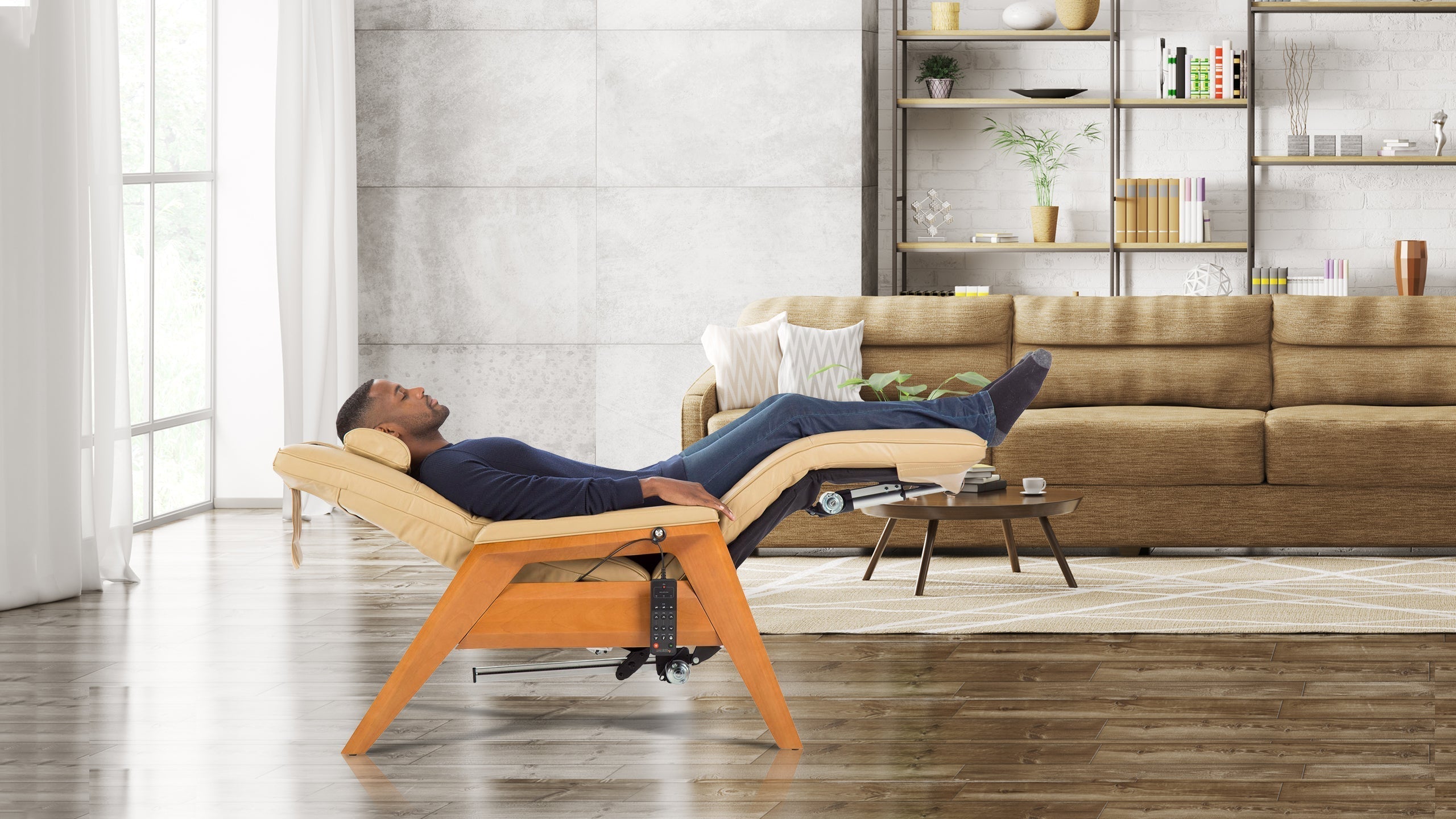 Man fully reclined in beige leather zero gravity chair with natural oak wood frame in modern living room