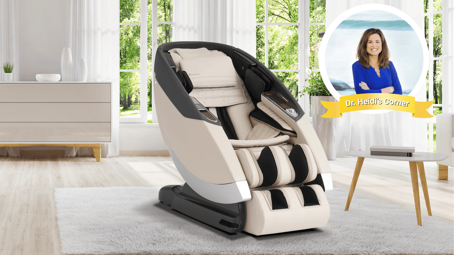 Cream and black full body massage chair featured in Dr. Heidi's Corner wellness expert recommendation