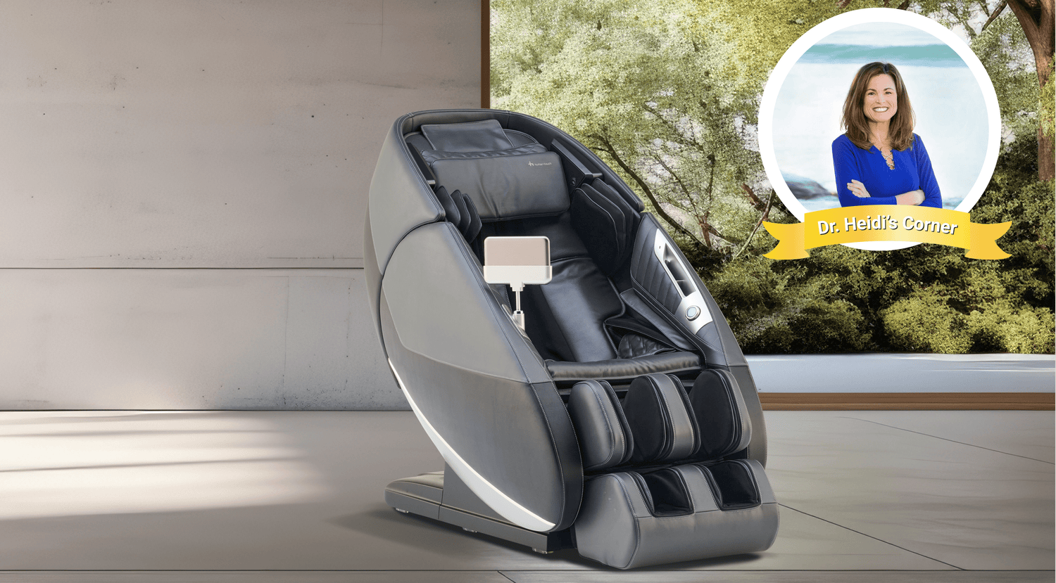 Gray and black full body massage chair with tablet holder featured in Dr. Heidi's Corner recommendation