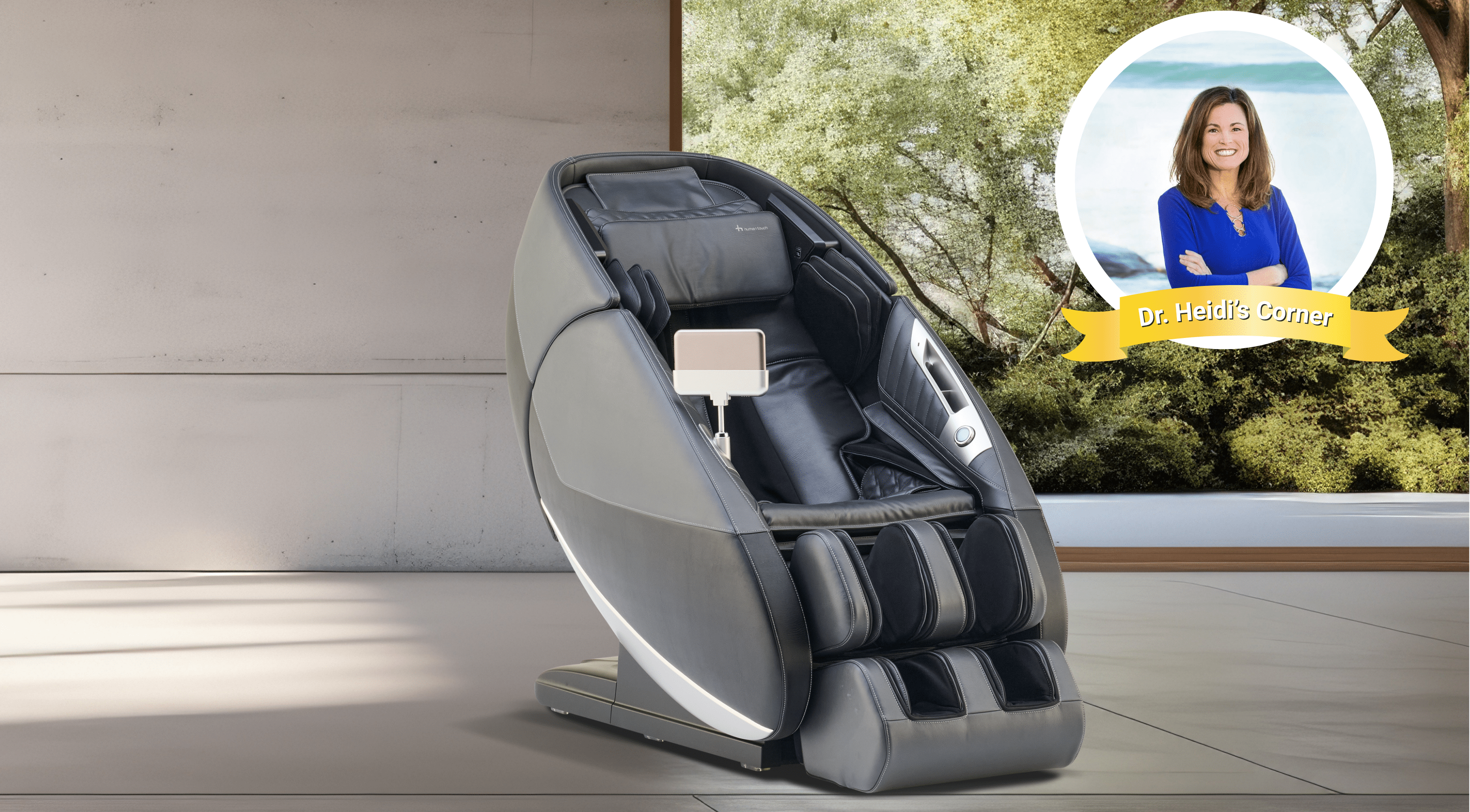Gray and black full body massage chair with tablet holder featured in Dr. Heidi's Corner recommendation