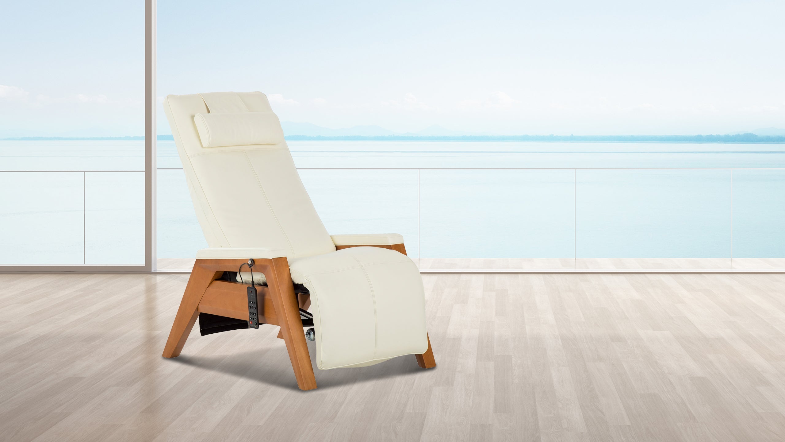 Cream leather zero gravity chair with light wooden legs in a minimalist room with ocean view