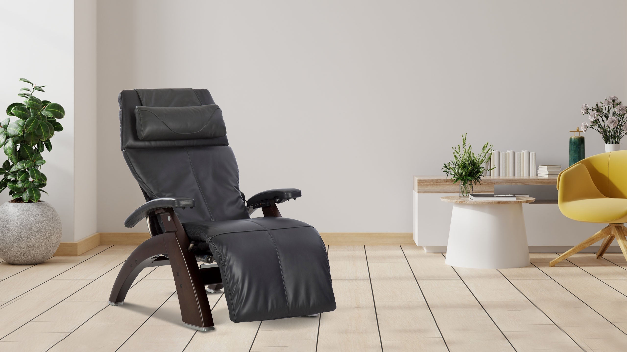 Black leather zero gravity recliner with dark walnut wood curved frame and headrest cushion