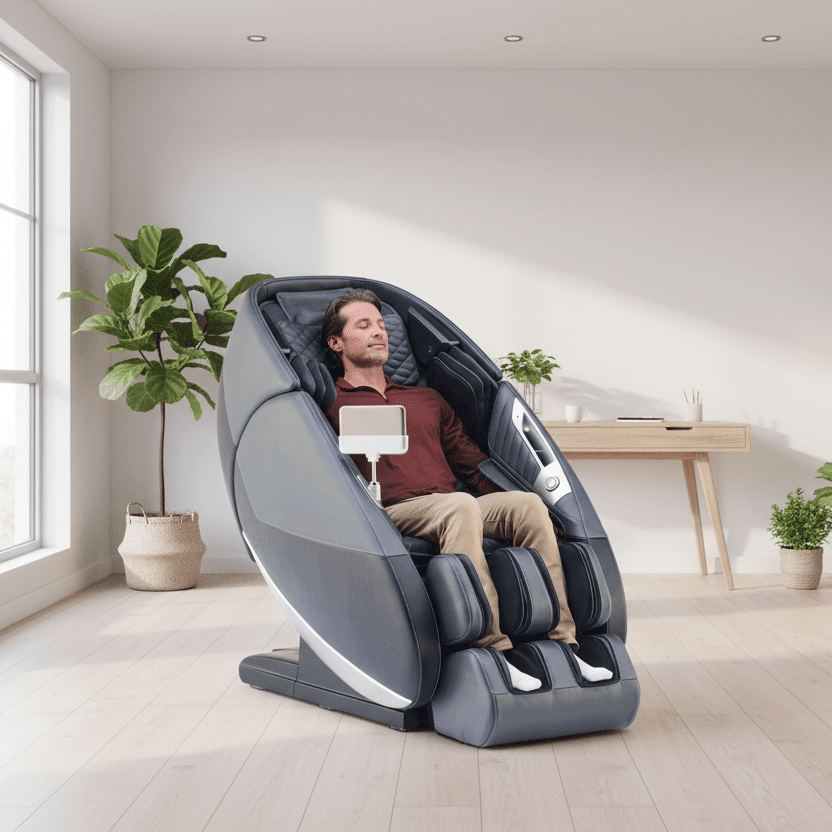 Man sitting in a Super Novo 3.0 Massage Chair, by Human Touch.