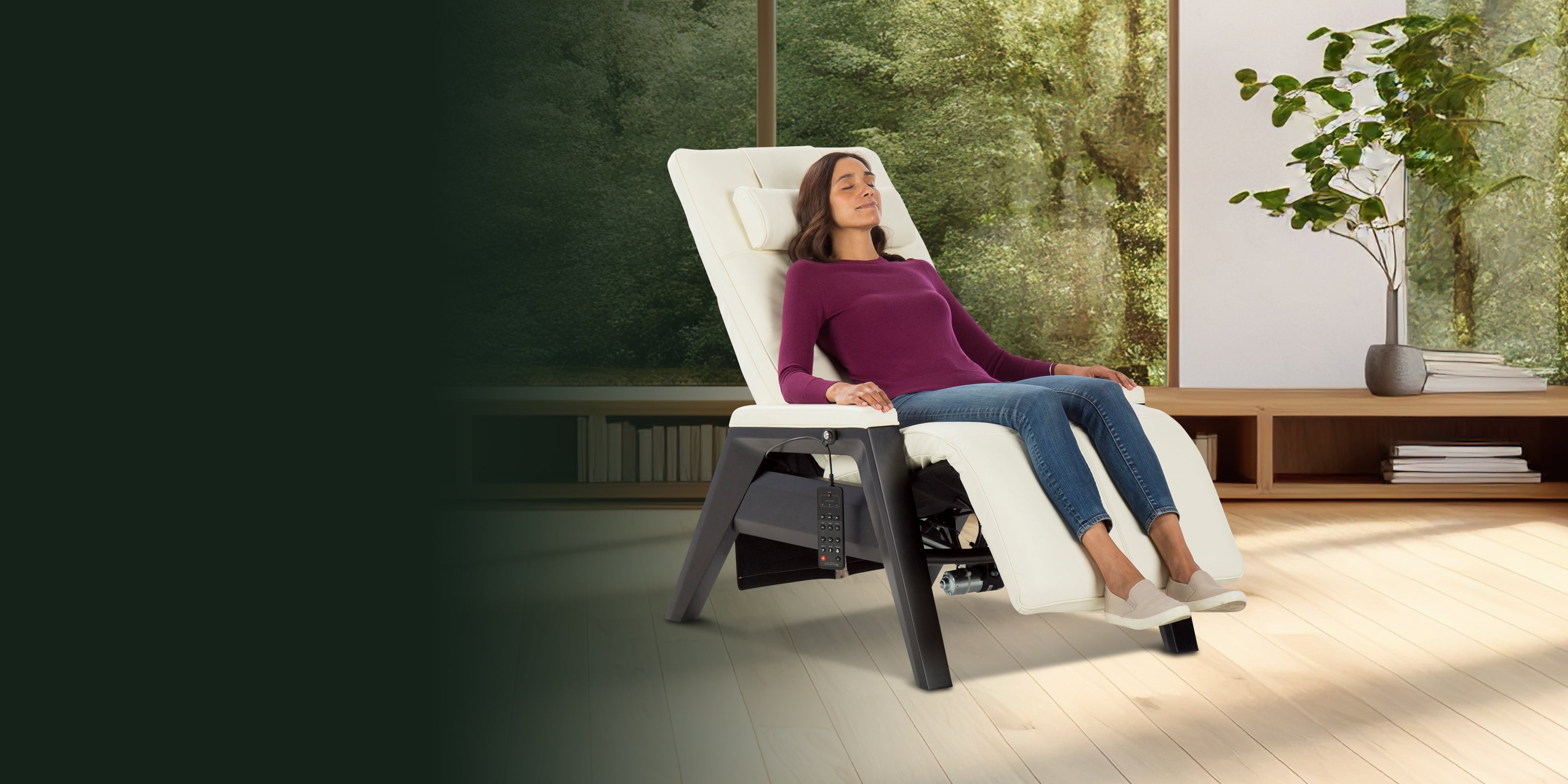 Woman in a Gravis ZG Chair from Human Touch, showing how these products can create a sense of life balance.