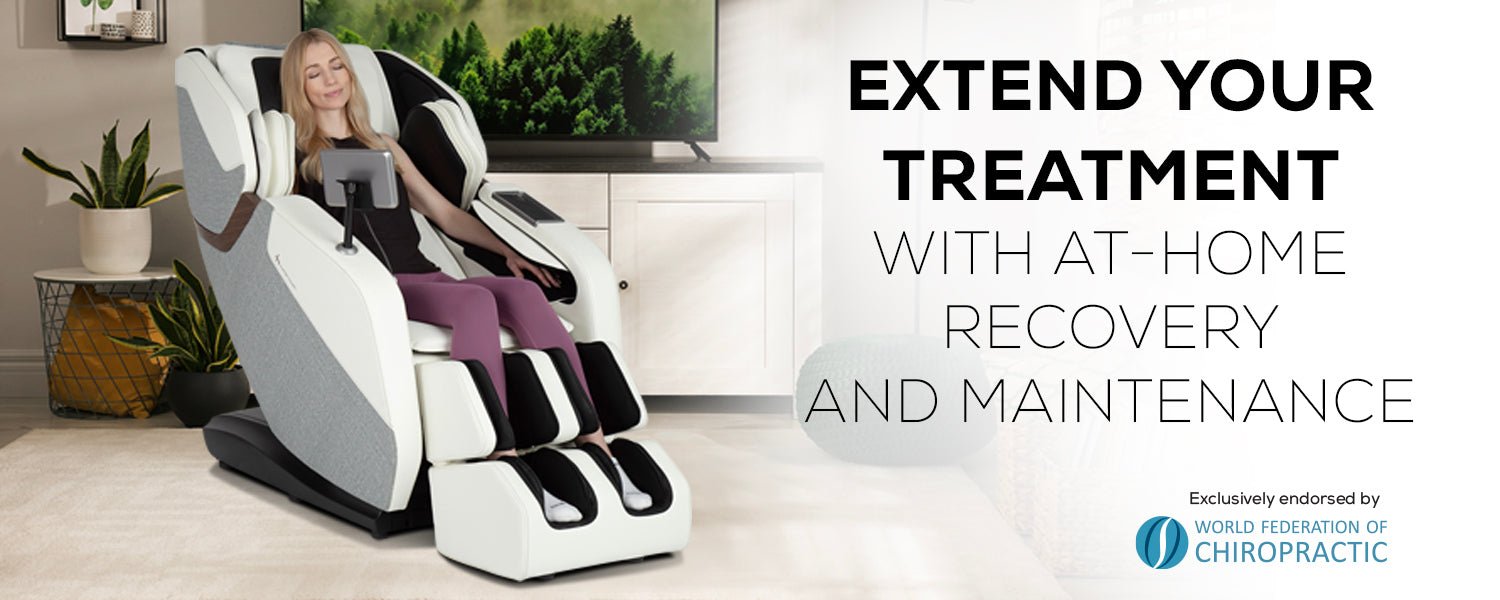 Woman in a WholeBody ROVE Massage Chair, demonstrating products that Healthcare businesses can use in their office space.