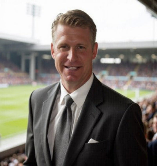 Mark Henderson in a suit standing on a sports field with spectators in the background