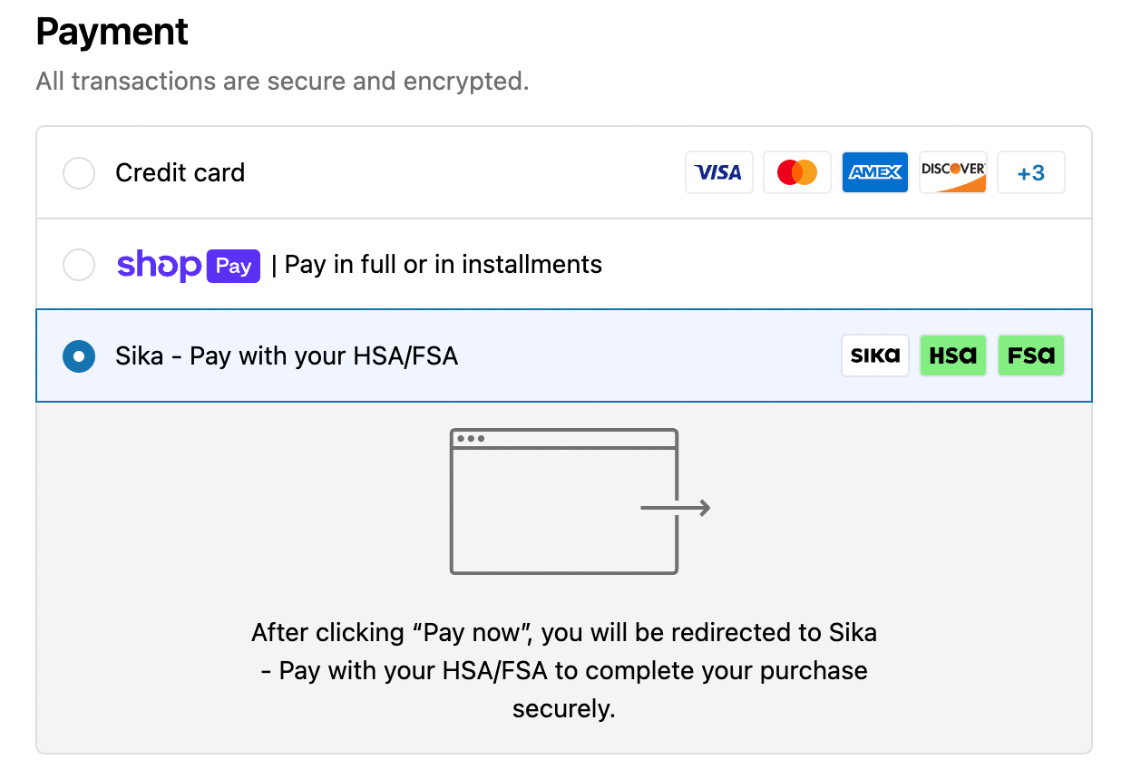 Payment gateway screen with Sika, Visa, Mastercard, American Express, and Discover logos.
