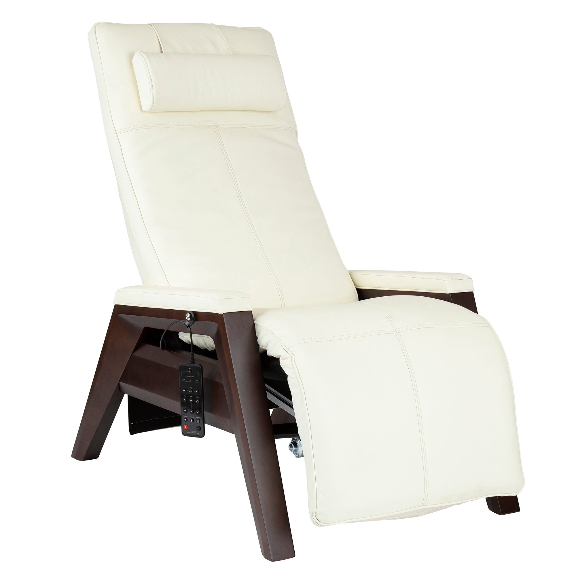 Gravis ZG Chair in cream leather with dark wood base, featuring adjustable headrest and remote control