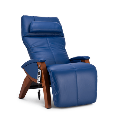 Blue Hale Premier Zero Gravity recliner chair with wooden armrests on a white background