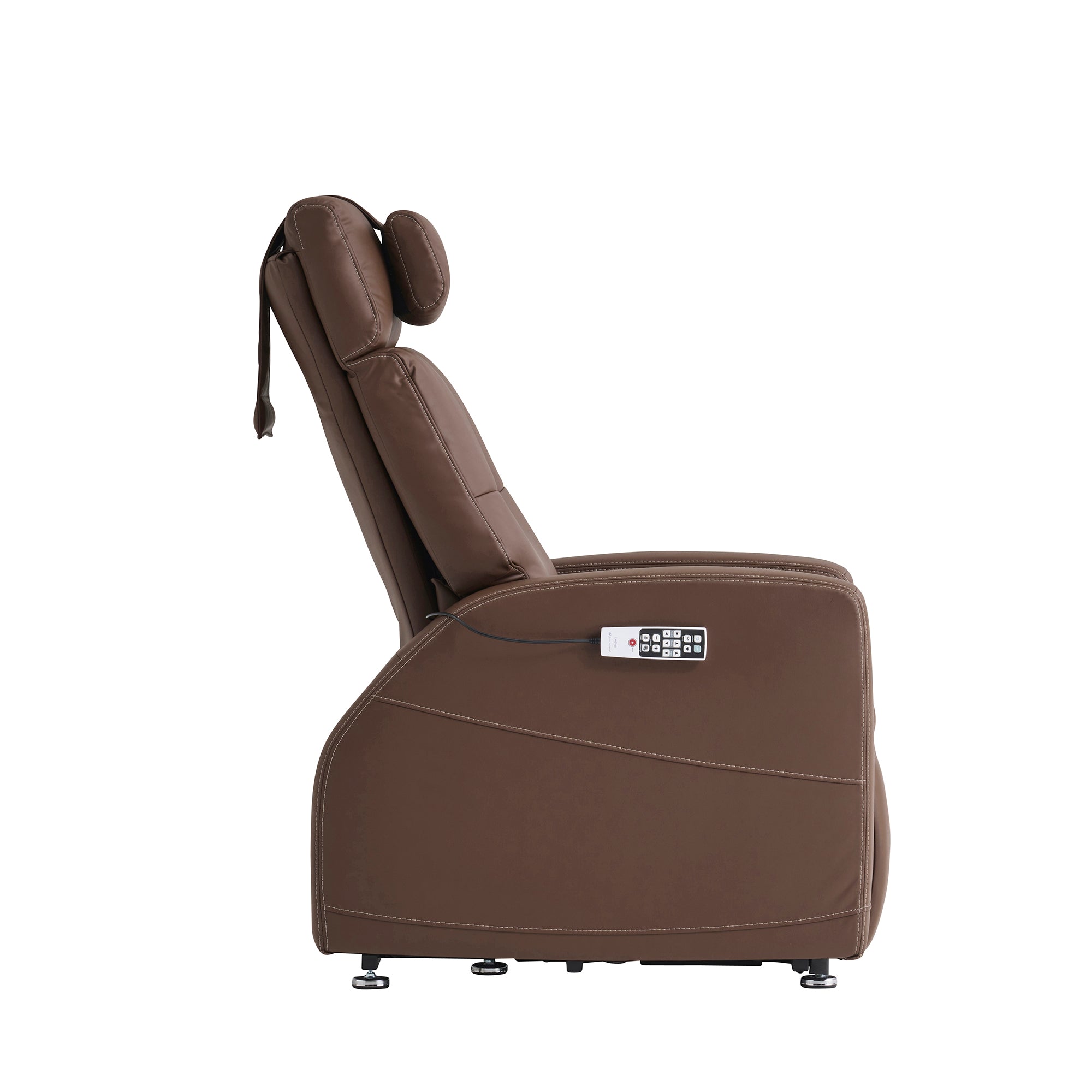 Laevo ZG Chair with Lift Assist in brown leather, side view showing reclined position and adjustable headrest
