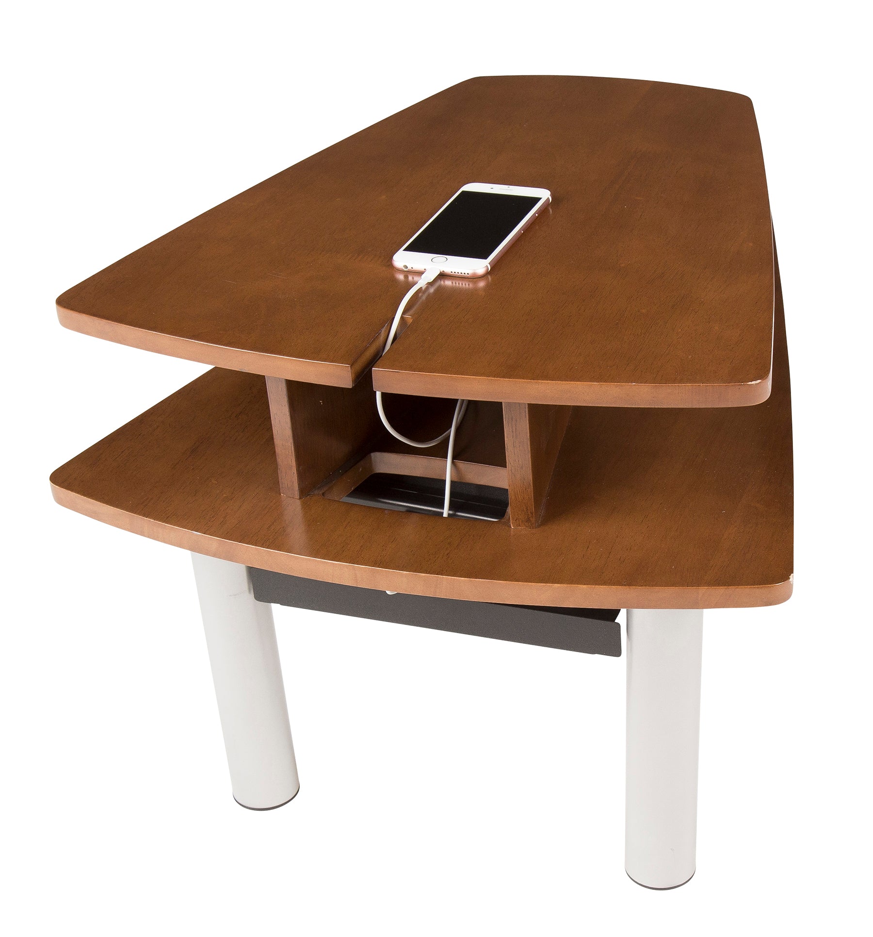 PC Media Table with two-tier wooden surface and charging station, supported by white metal legs