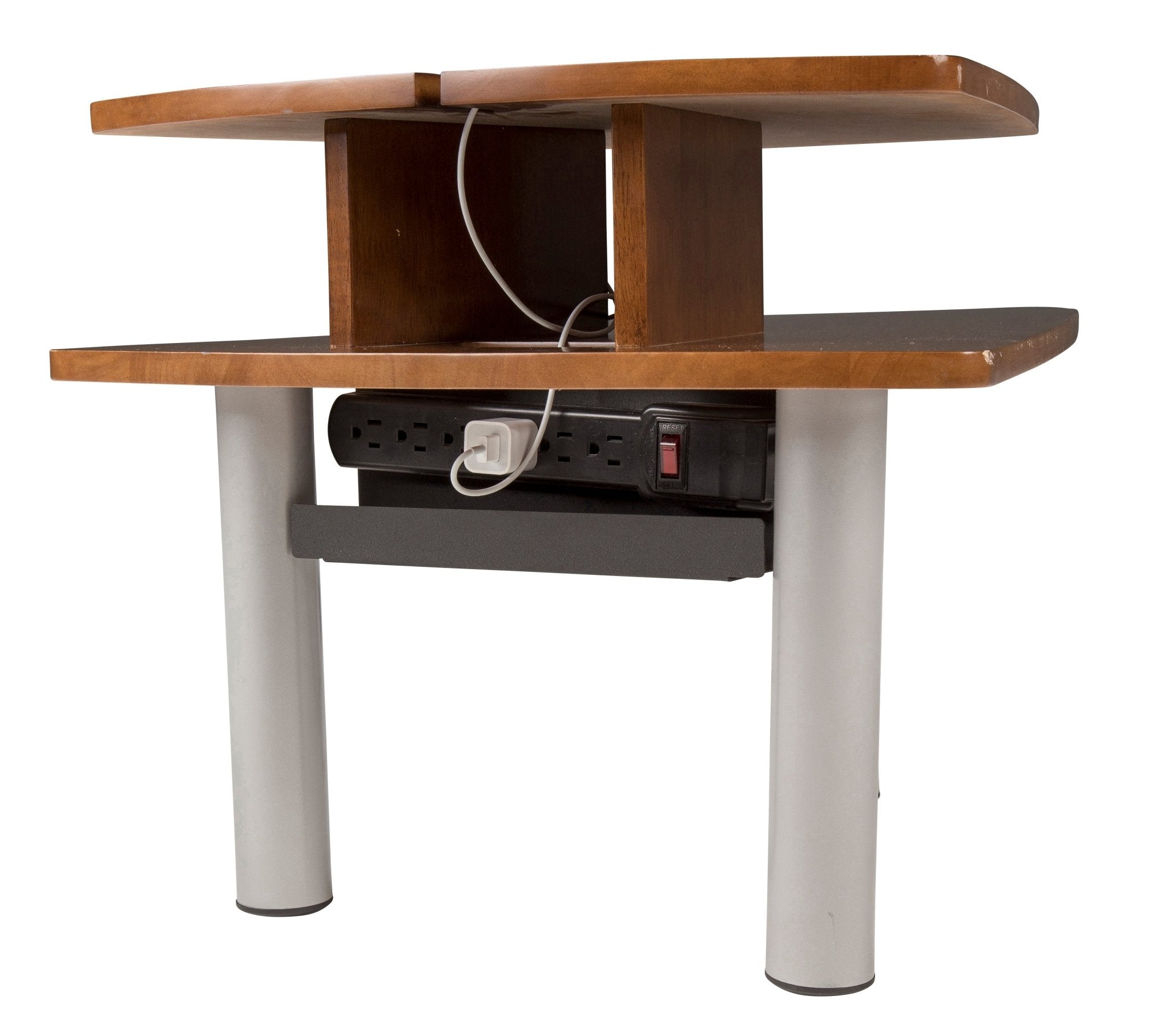 PC Media Table with two wooden shelves, silver legs, and built-in power strip for device charging