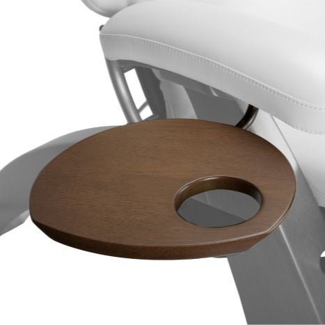 Perfect Chair Accessory Table in walnut finish with cup holder, attached to recliner armrest with chrome mounting bracket