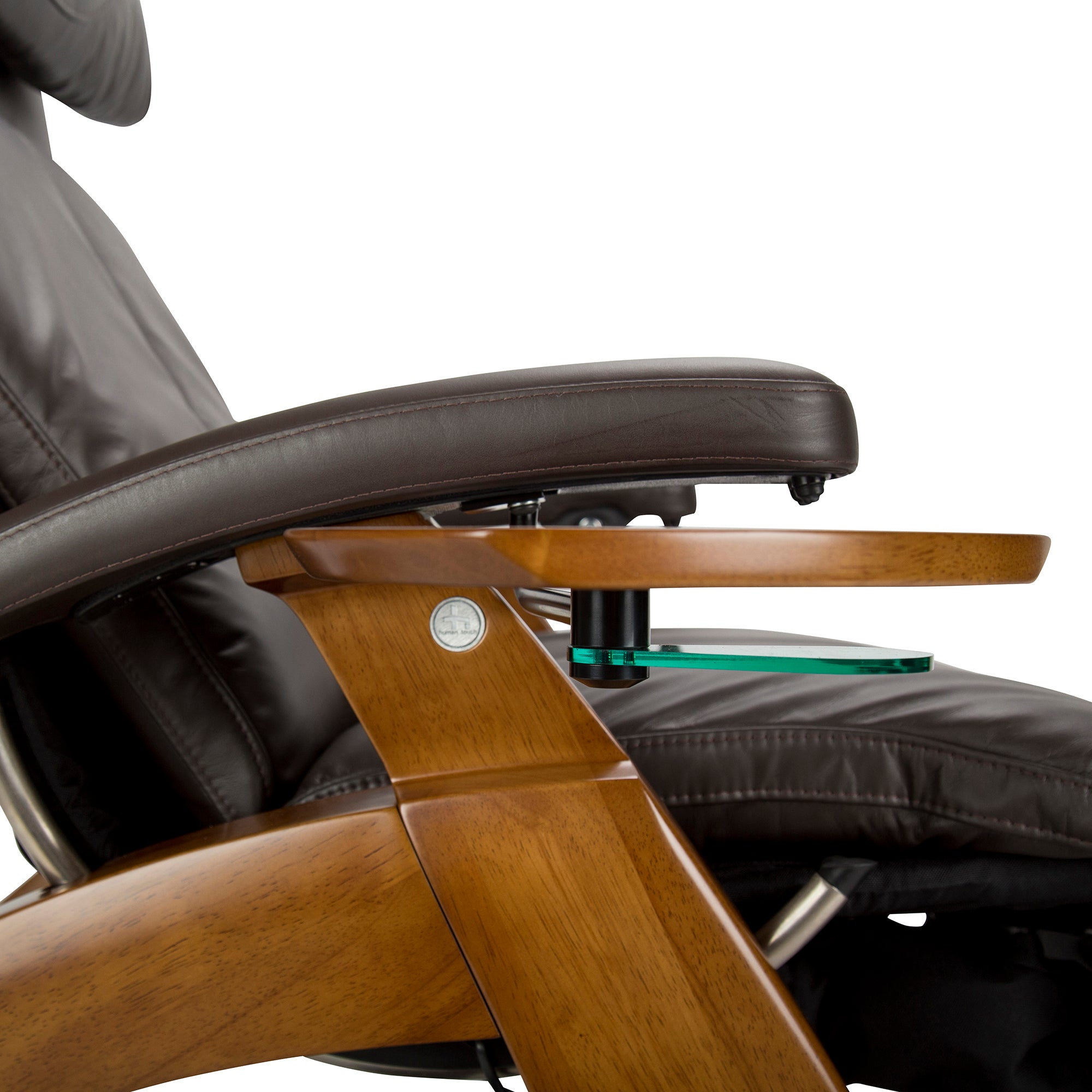 Perfect Chair Accessory Table shown attached to wooden recliner armrest, featuring brown wooden surface for convenience