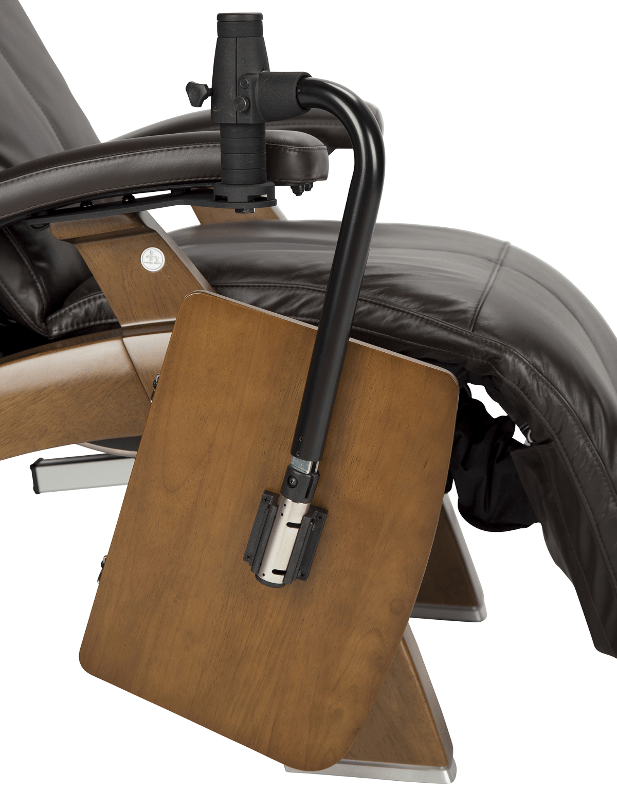 Perfect Chair Laptop Desk attachment shown mounted on wooden recliner with adjustable black metal arm and brown wooden platform