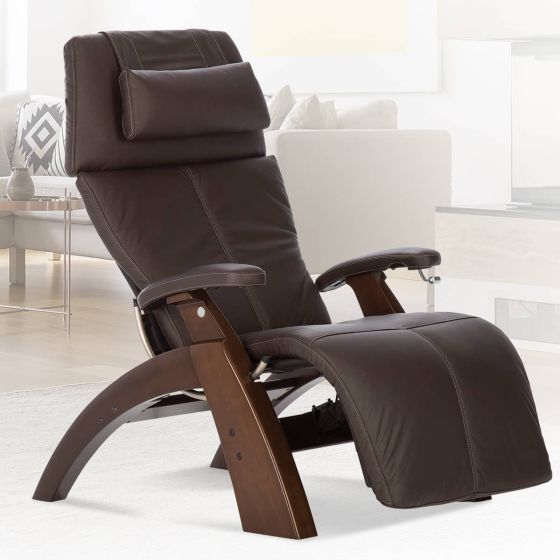 Perfect Chair PC-350 Classic Power recliner in brown leather with wooden base, shown in modern living room setting