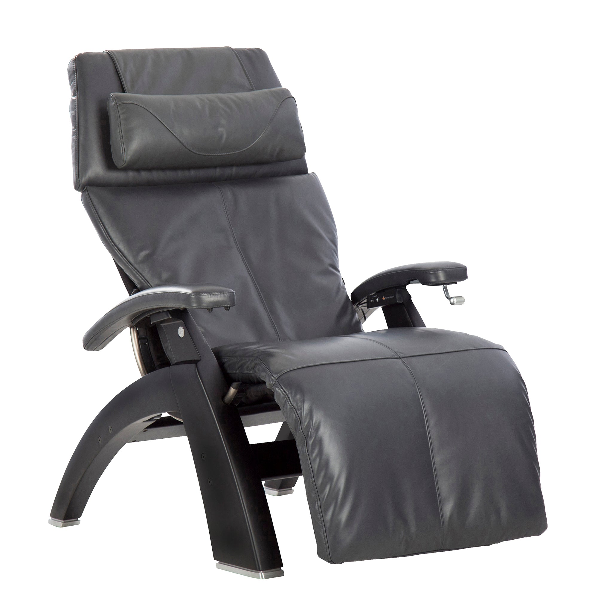 Perfect Chair PC-420 Classic Manual Plus recliner in gray leather with zero gravity positioning and sleek black base