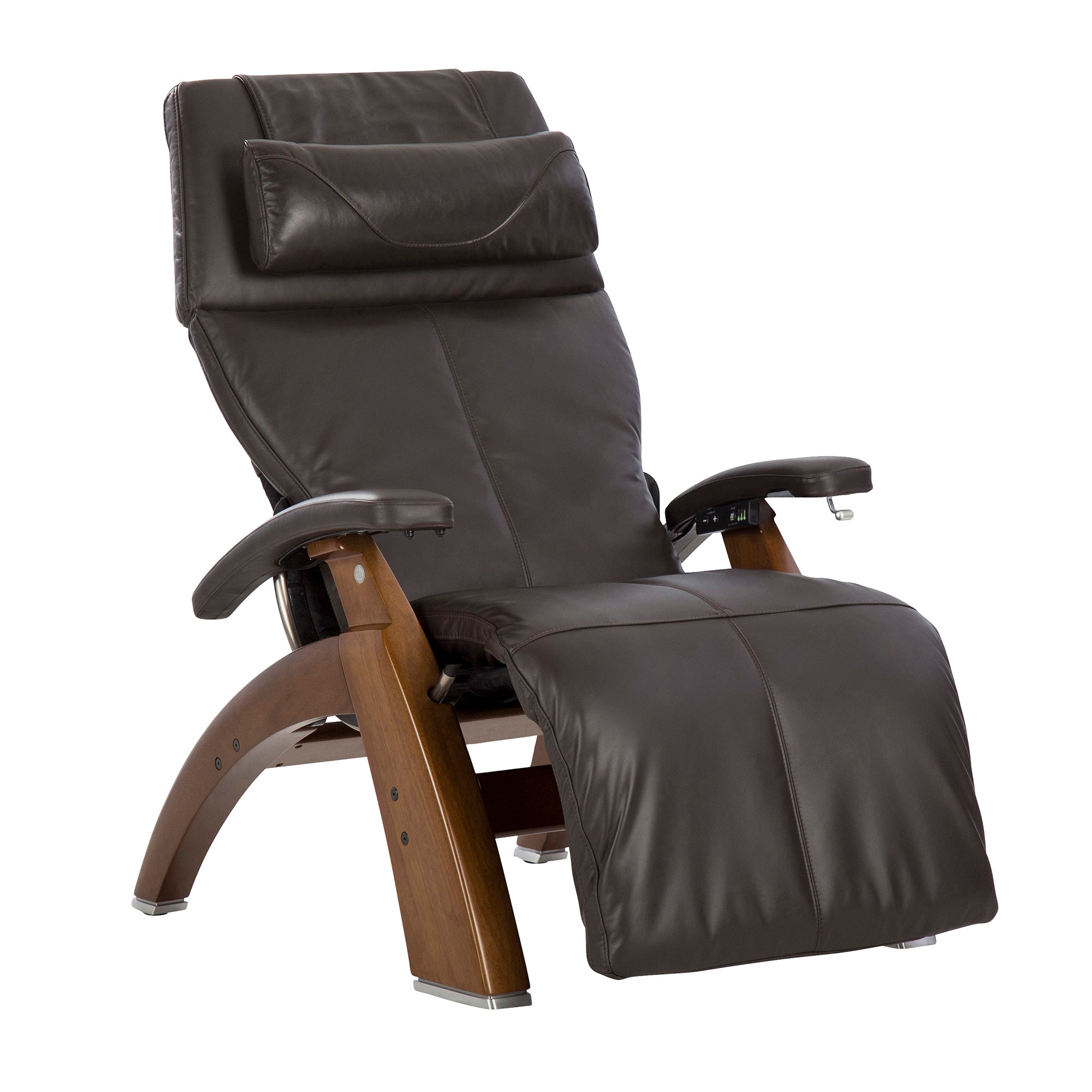 Perfect Chair PC-420 Classic Manual Plus zero-gravity recliner in dark brown leather with wooden base and ergonomic design