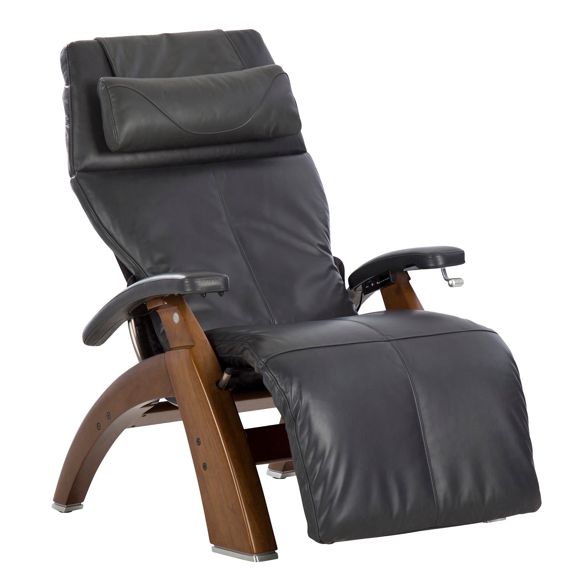Perfect Chair PC-420 Classic Manual Plus zero-gravity recliner with black leather upholstery and wooden base frame