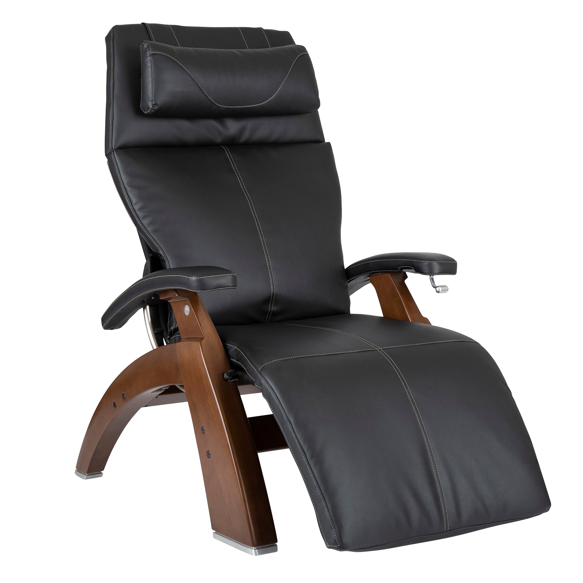 Perfect Chair PC-420 Classic Manual Plus recliner in black leather with wooden base, shown in zero gravity position