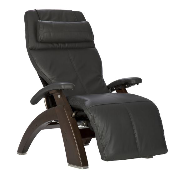 Perfect Chair PC-610 Omni-Motion Classic recliner in gray leather with dark wood base, shown in reclined zero-gravity position