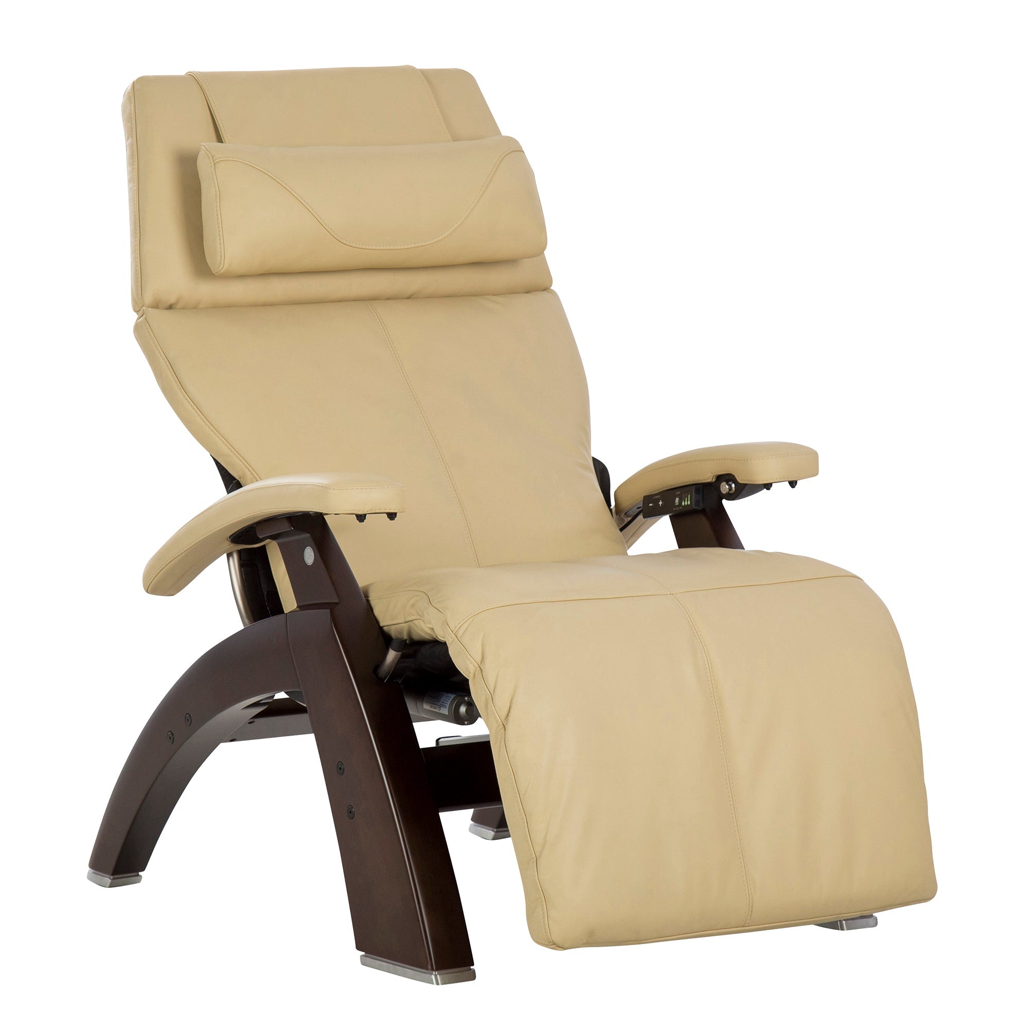 Perfect Chair PC-610 Omni-Motion Classic zero-gravity recliner in beige leather with dark wood base and adjustable headrest