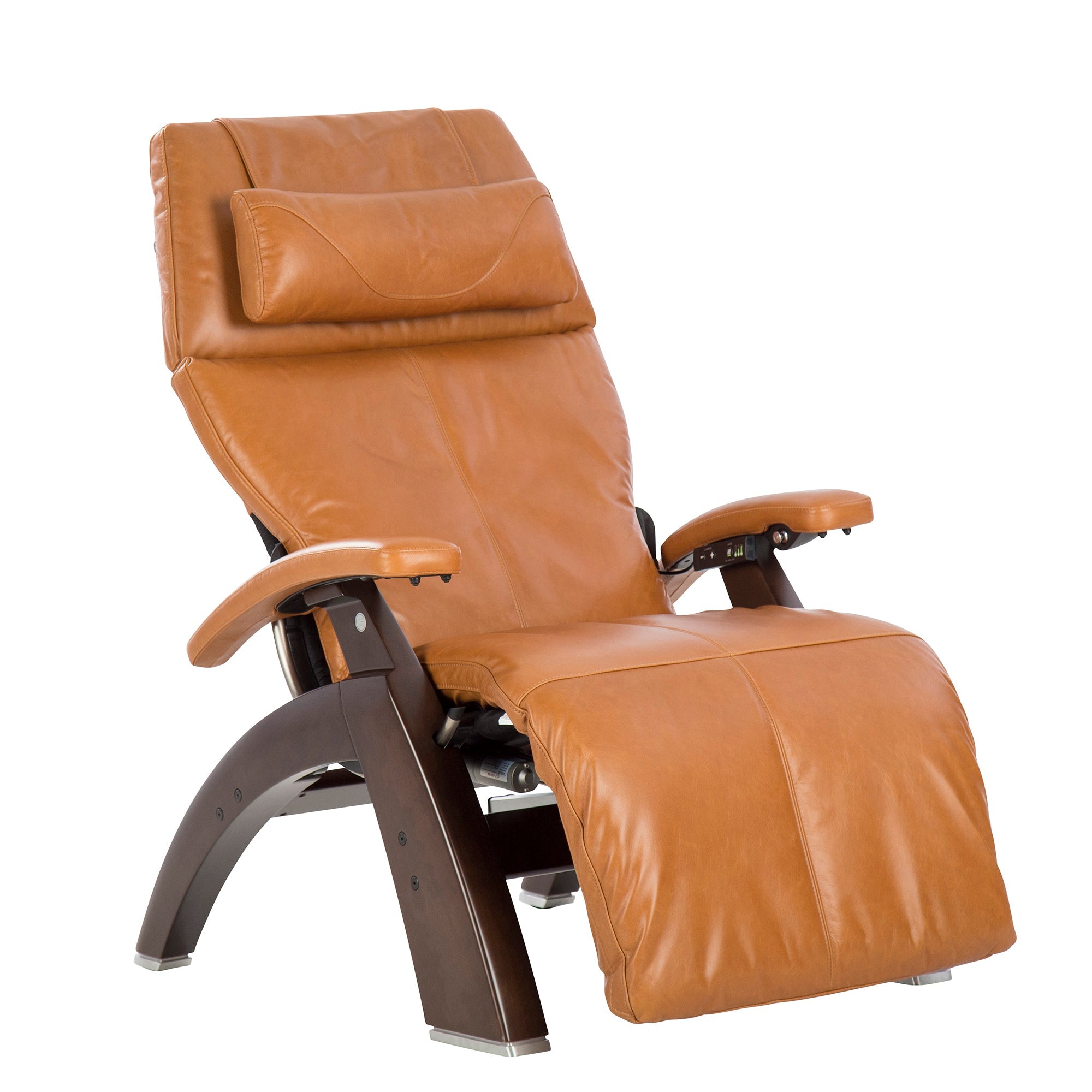 Perfect Chair PC-610 Omni-Motion Classic recliner in tan leather with dark wood base, shown in zero-gravity position