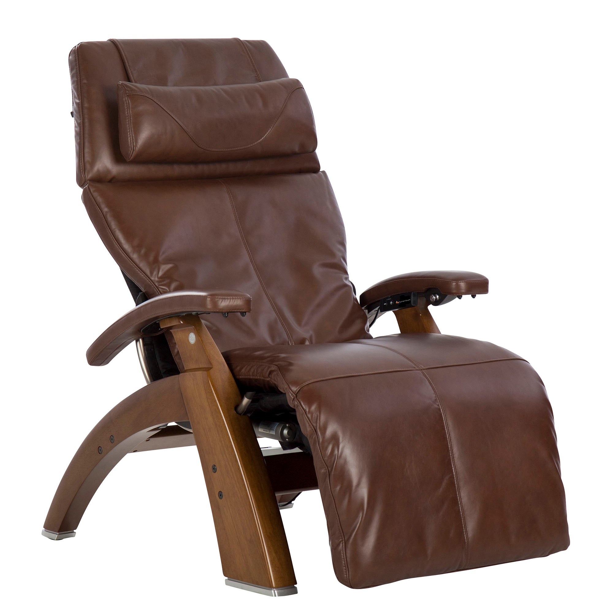 Perfect Chair PC-610 Omni-Motion Classic recliner in brown leather with wooden base featuring zero-gravity positioning