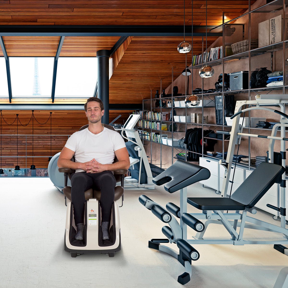 Reflex SOL Foot and Calf Massager shown in modern gym setting with wooden ceiling and exercise equipment