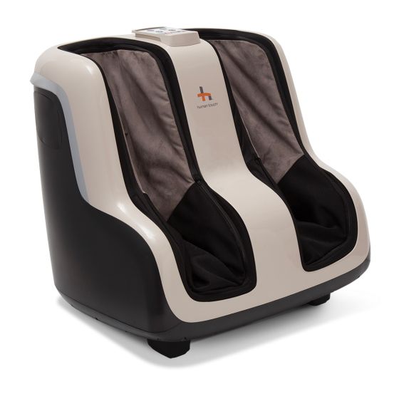 Reflex SOL Foot and Calf Massager shown in black and cream colors with padded interior and ergonomic design