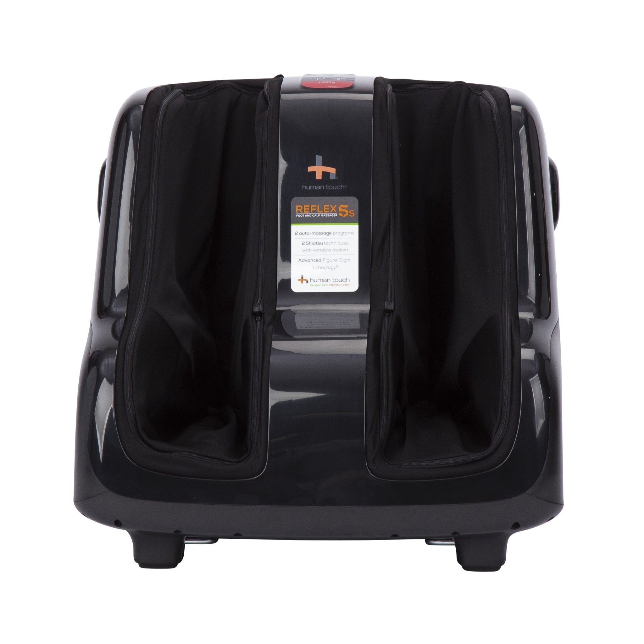 Reflex5s Foot and Calf Massager with black housing and digital display, showing sleek therapeutic massage openings