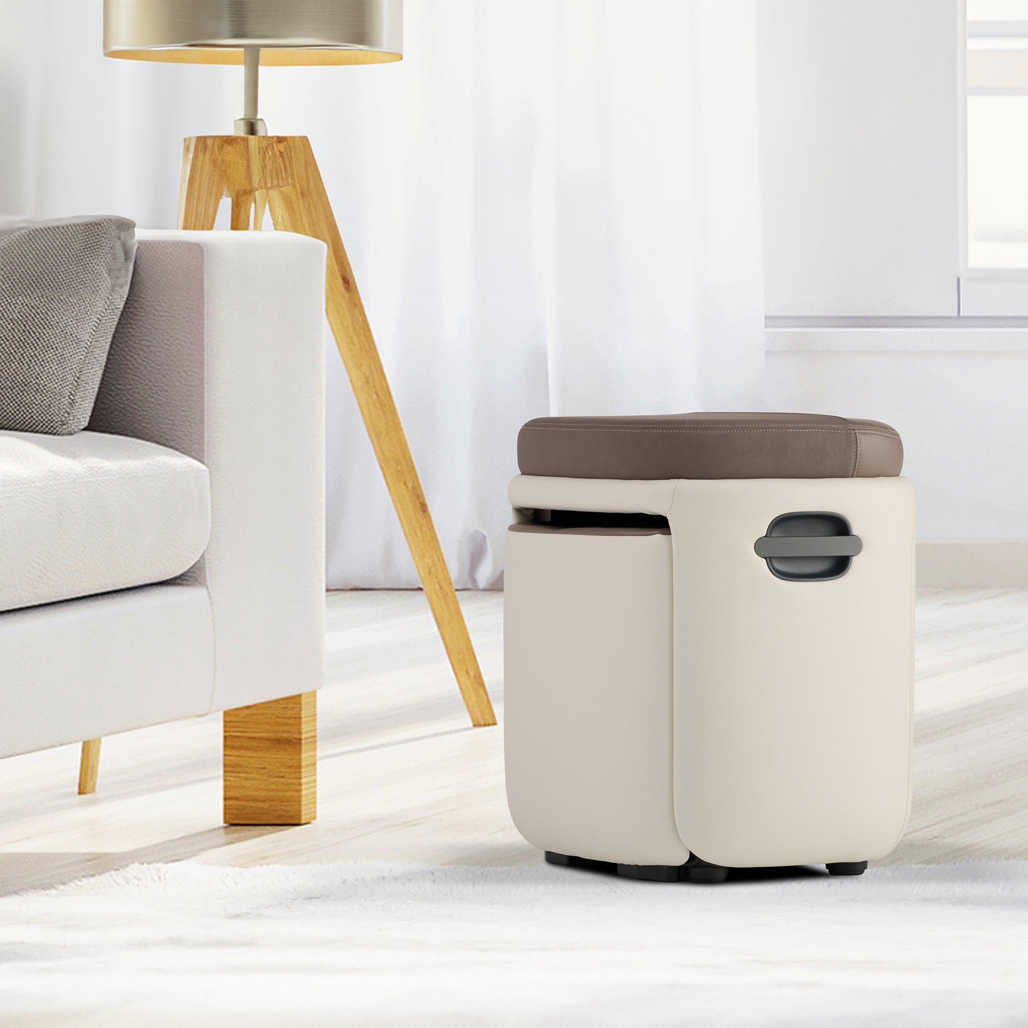 Reveal Ottoman Massager: modern cream-colored foot massager with brown cushion seat in minimalist living room setting