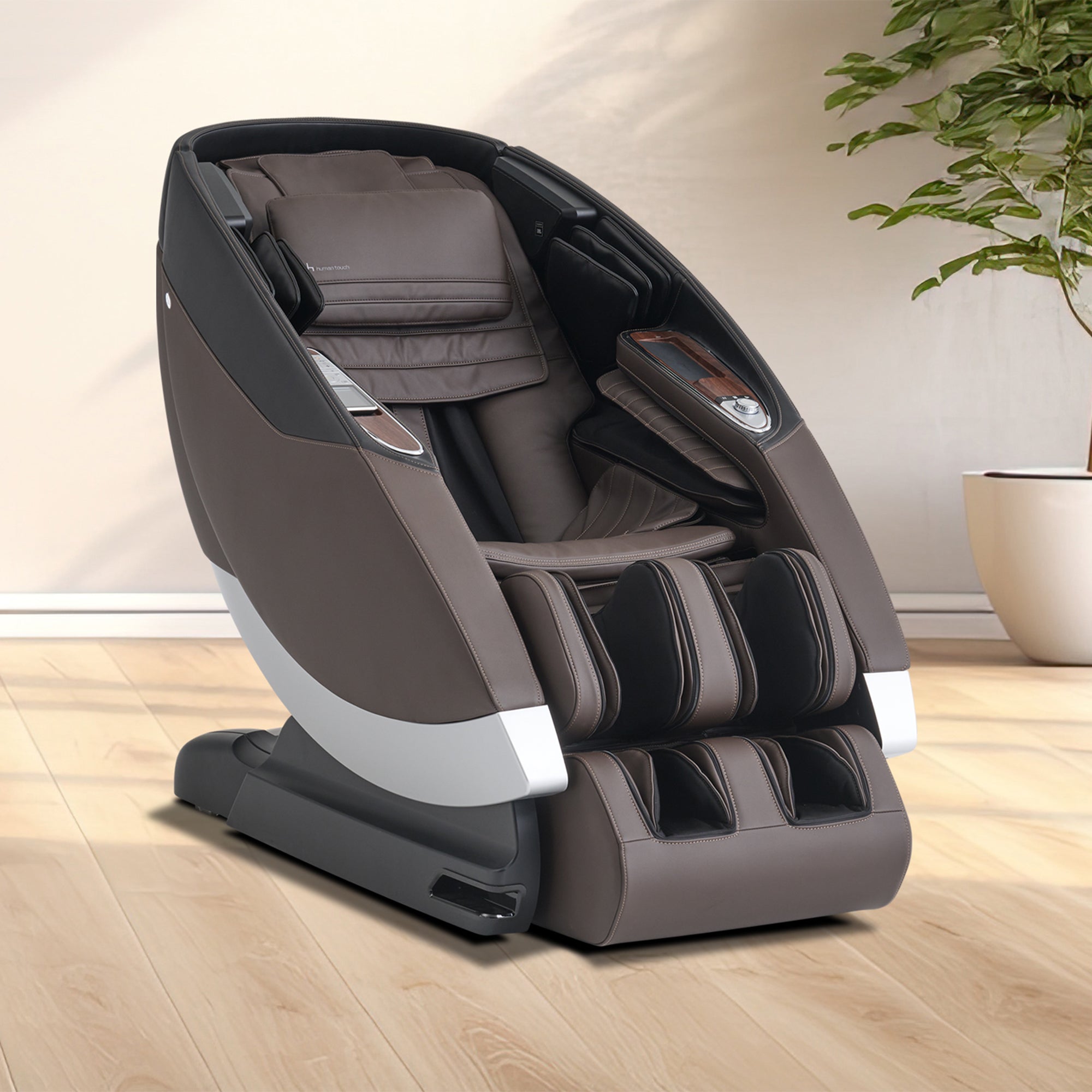 Super Novo 2.0 Massage Chair in brown leather, modern design with advanced features, shown in home setting