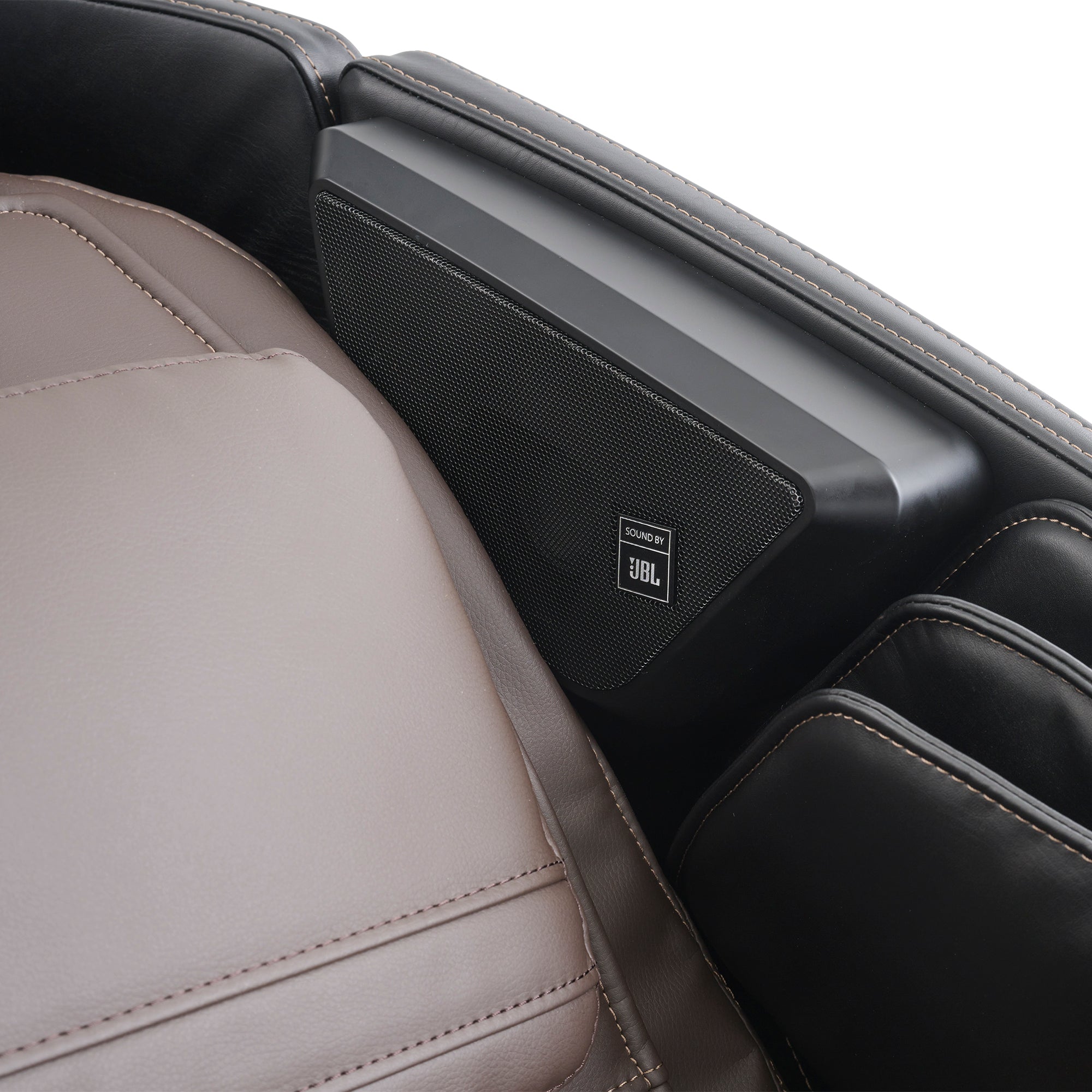 Super Novo 2.0 massage chair featuring JBL speakers and premium leather upholstery in black and gray tones
