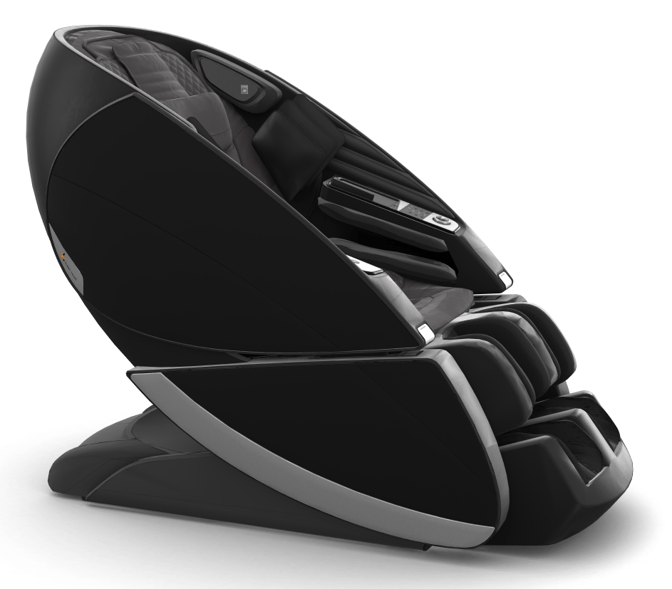 Super Novo X Massage Chair in sleek black with curved design and upward-pivoting teardrop doors, shown from side angle