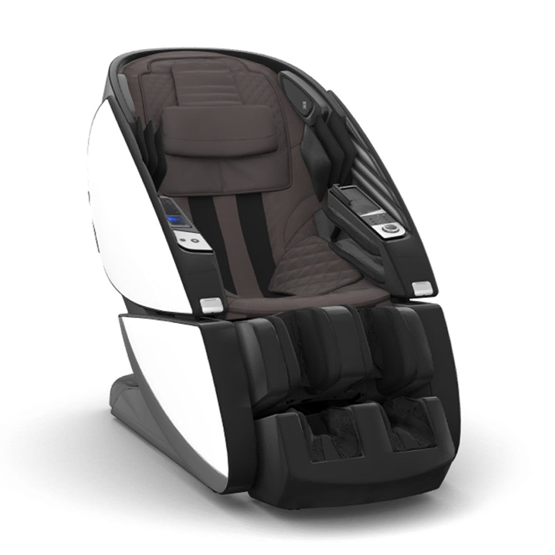 Super Novo X massage chair in white and black with quilted upholstery and teardrop-shaped doors for easy entry