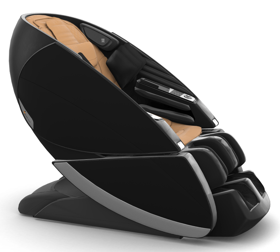 Super Novo X Massage Chair in black with tan upholstery, featuring sleek teardrop design and modern control panel