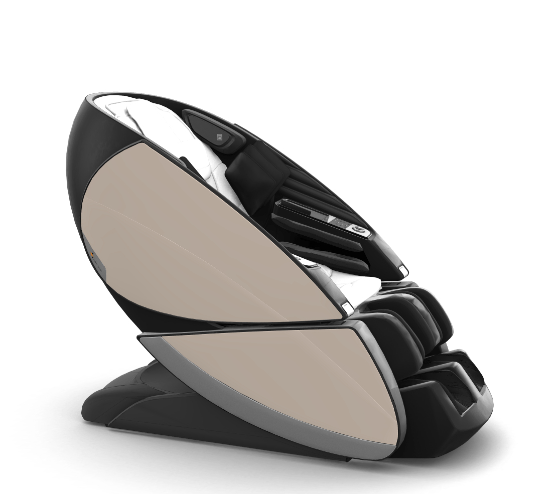 Super Novo X Massage Chair in black and beige with modern teardrop design and reclining position