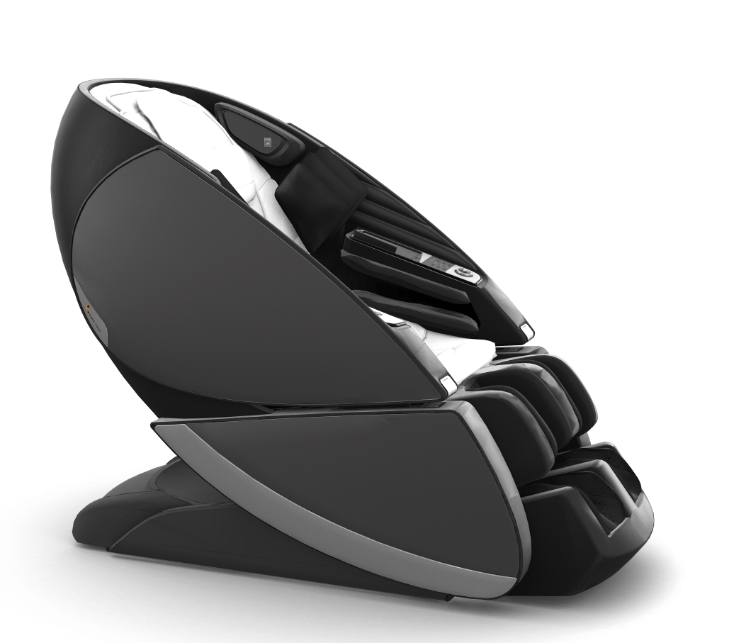 Super Novo X Massage Chair in sleek black, featuring teardrop design with upward-pivoting doors and full-body massage functionality