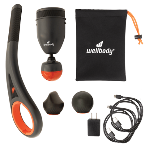 Wellbody massage tool set with black and orange design, including a pouch, cable, and attachments on a white background.