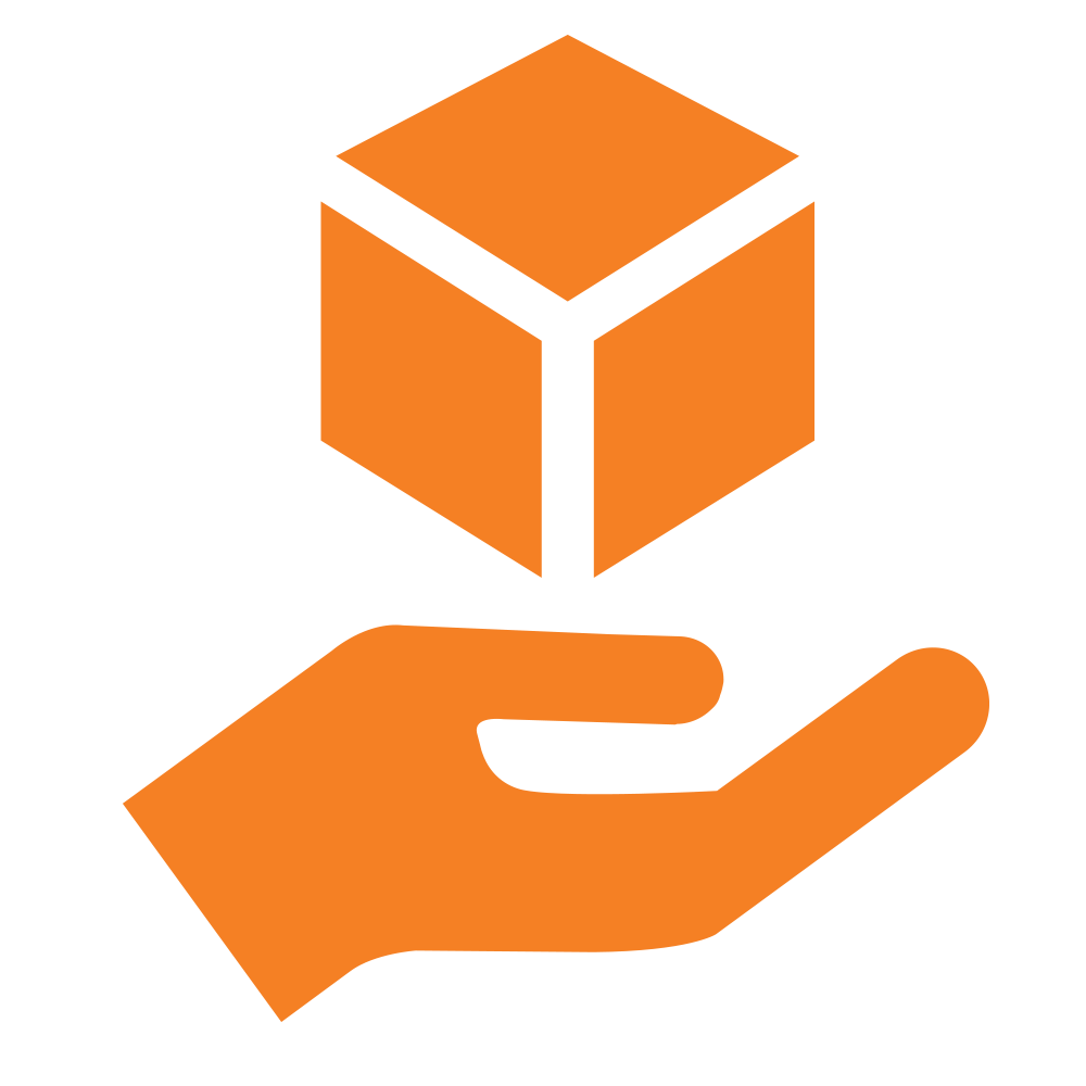 Orange icon showing hand holding cube representing white glove delivery service